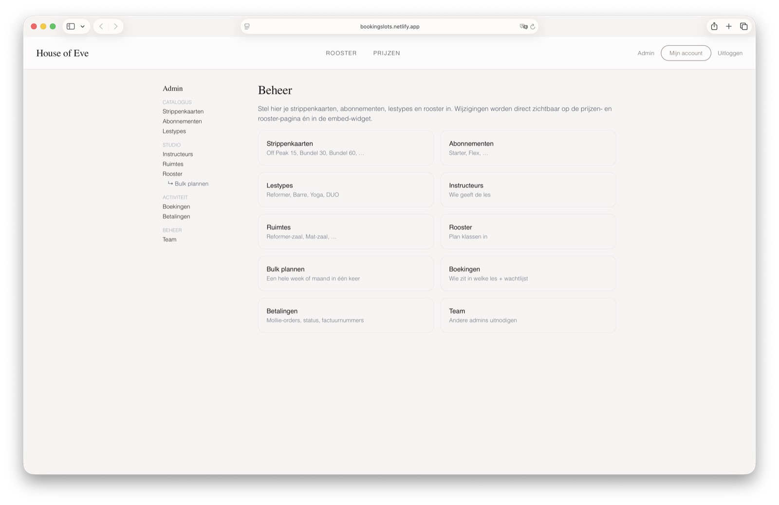 Screenshot van het admin-beheer van House of Eve