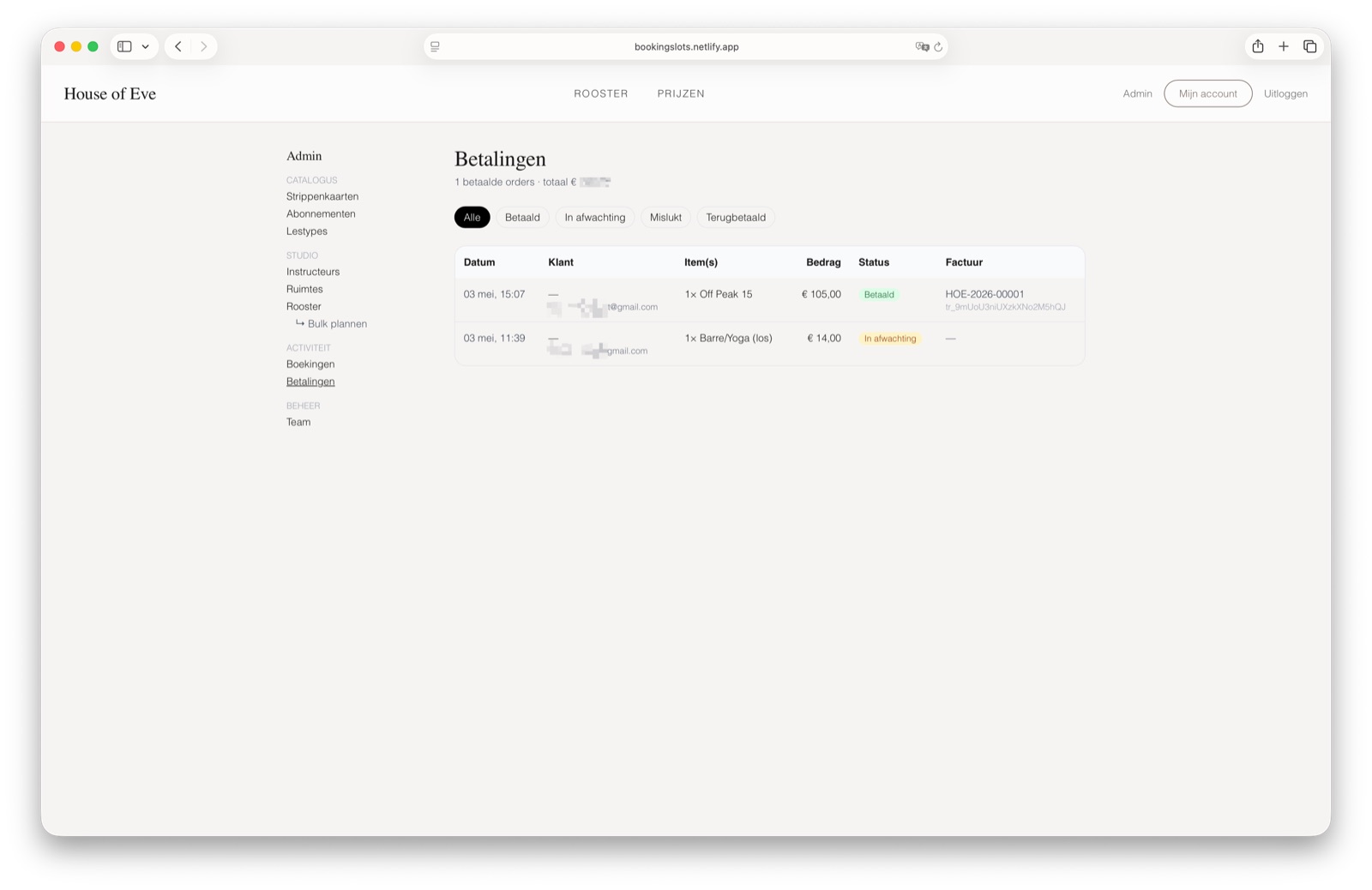 Screenshot van de betalingenpagina met orders, status en facturen