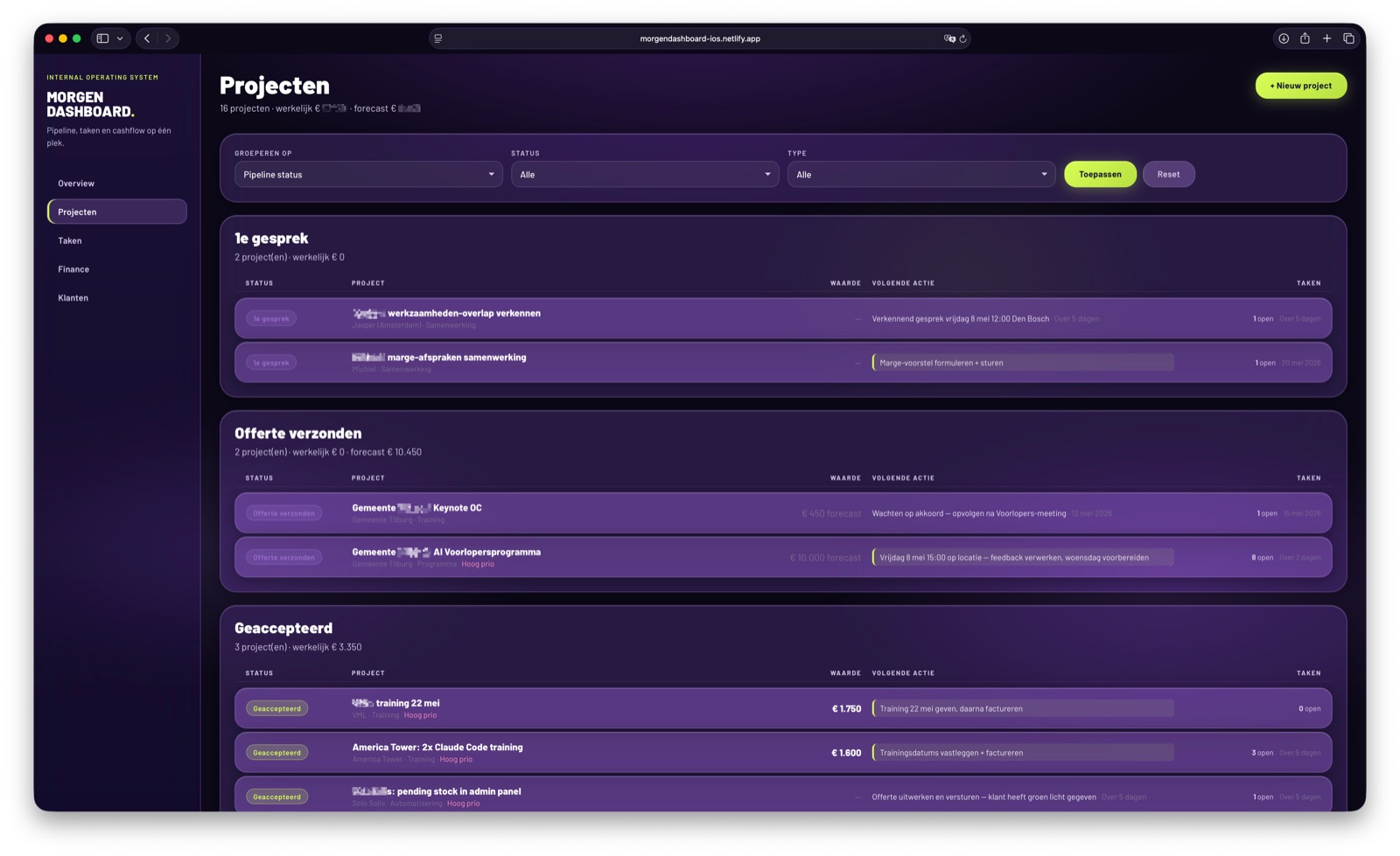 Screenshot van de projectenpagina met pipeline-stages, waarde en volgende acties