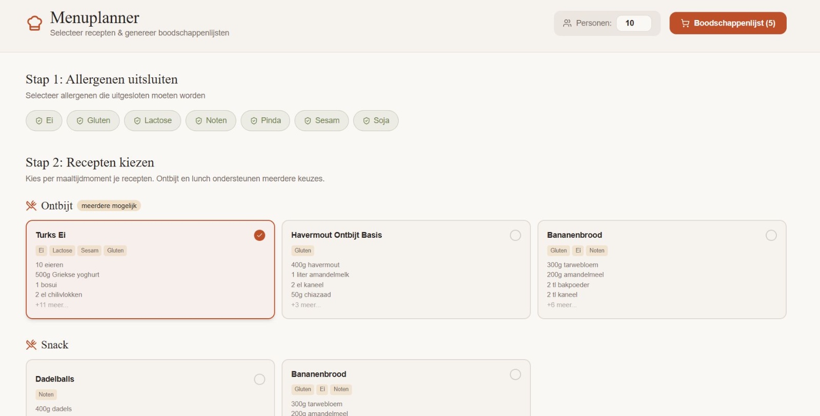 Screenshot van de menuplanner voor private chef Jolijn van Opstal