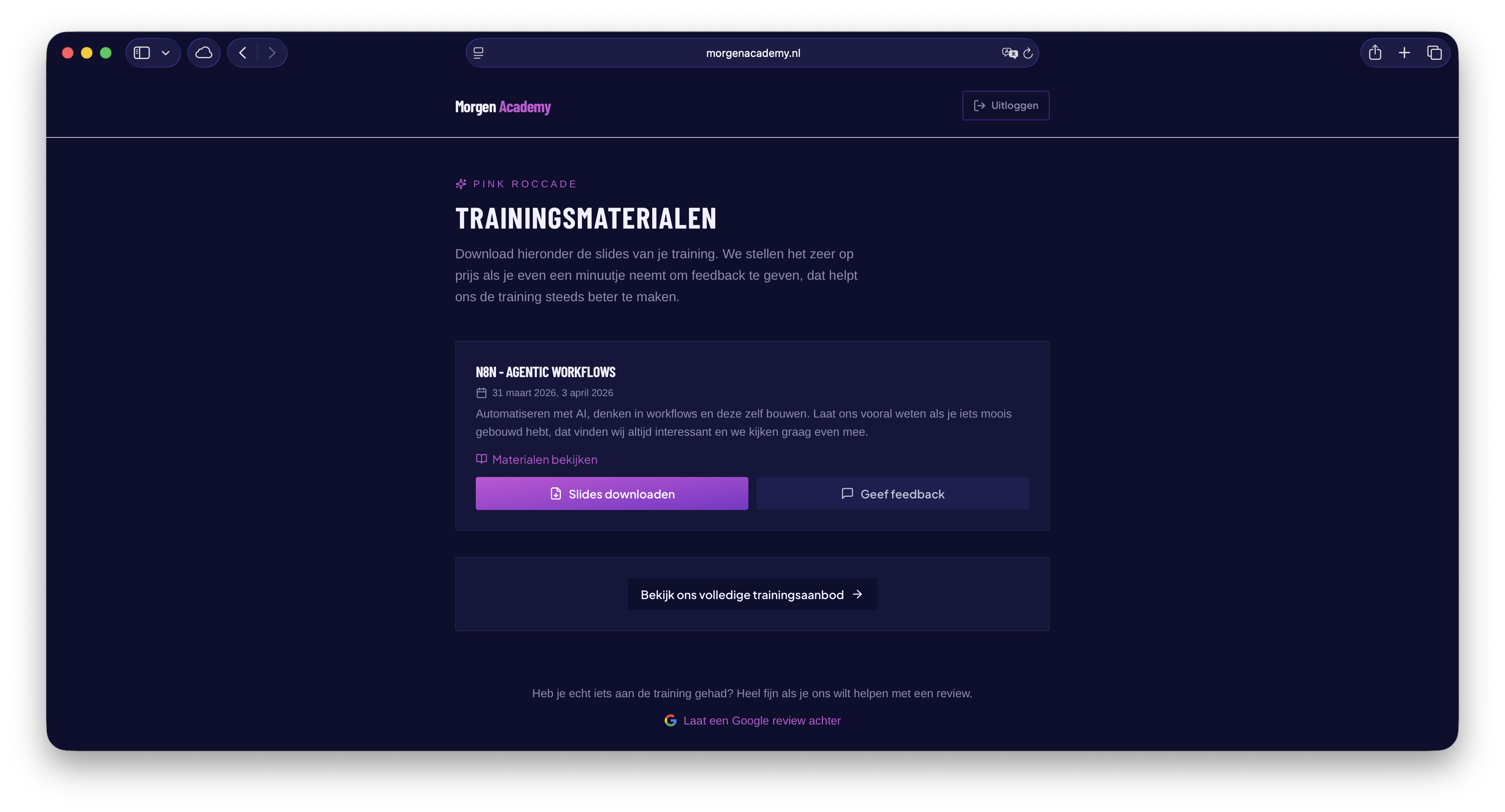 Screenshot van een klantportaal voor training en opvolging