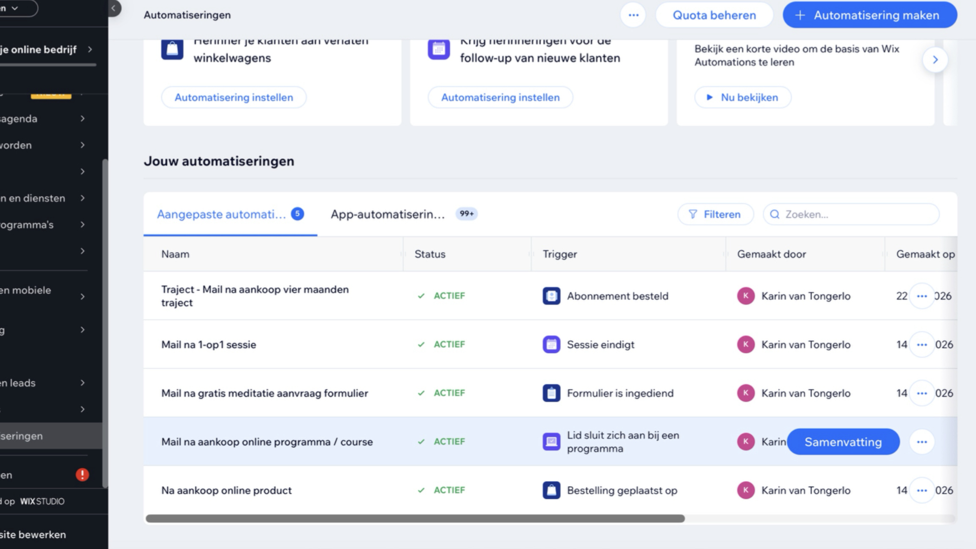 Screenshot van automatiseringen binnen een website-ecosysteem