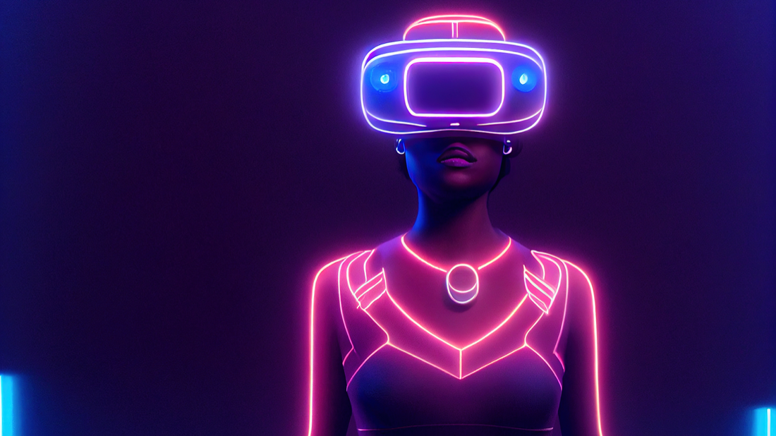 Persoon met futuristische VR-bril in neonlicht