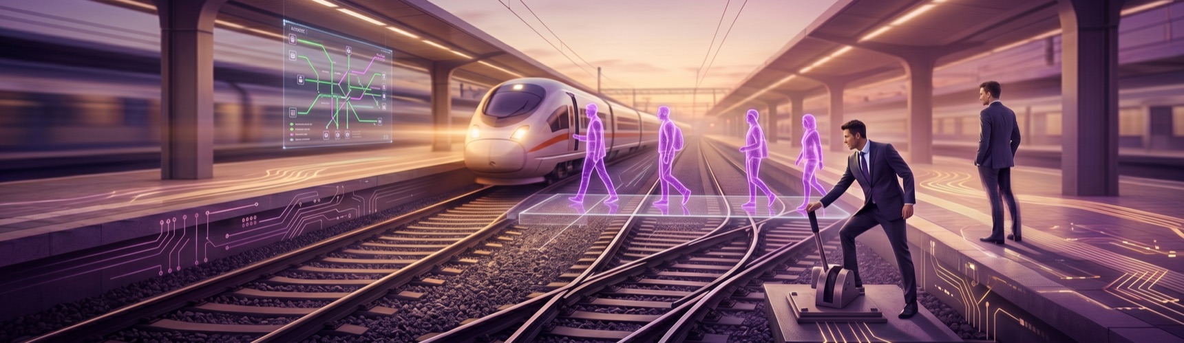 Illustratie van een trein die langs een perron rijdt