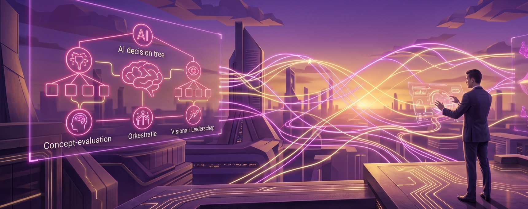 Een mens kijkt naar een neonkleurige AI-beslisboom met concept-evaluatie, orkestratie en visionair leiderschap